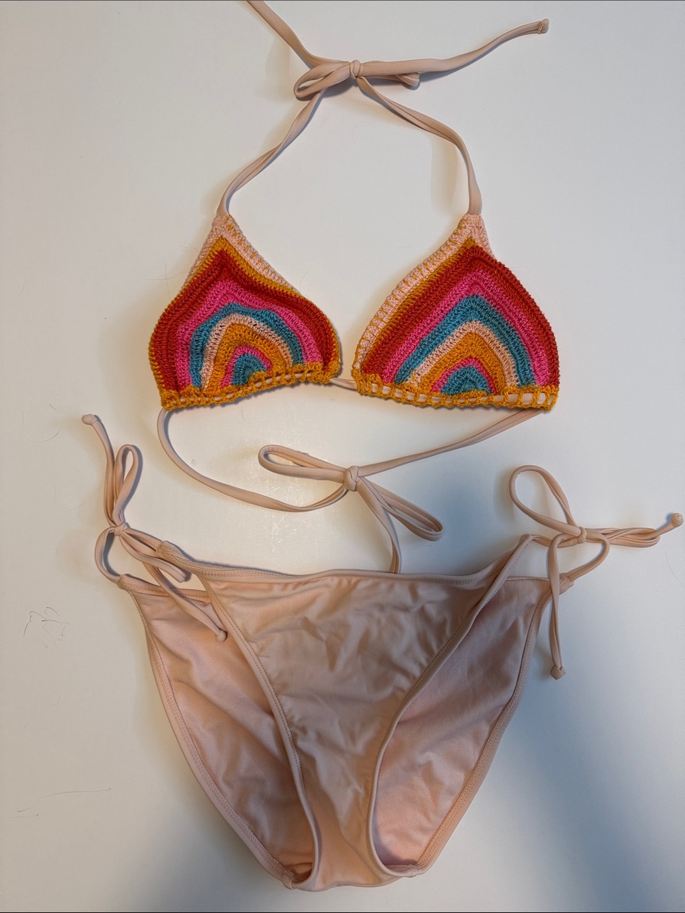 Xhilaration Crochet Rainbow Triangle Bikini in Pink, Yellow, Blue, Orange